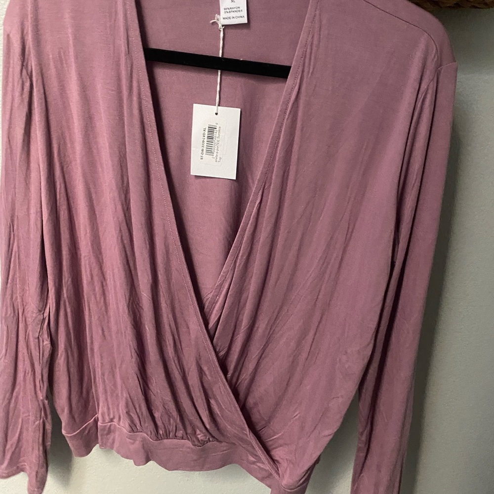 Lightweight wrap blouse from PretAporTEE in dusty rose. Long sleeved.